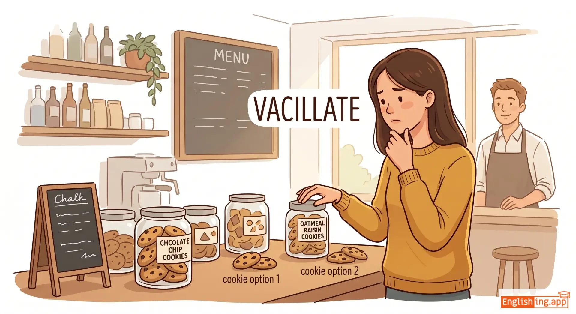 vacillate definition card — visual illustration of the meaning