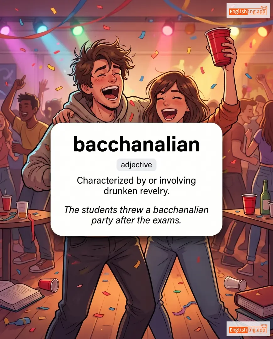 bacchanalian definition card — visual illustration of the meaning