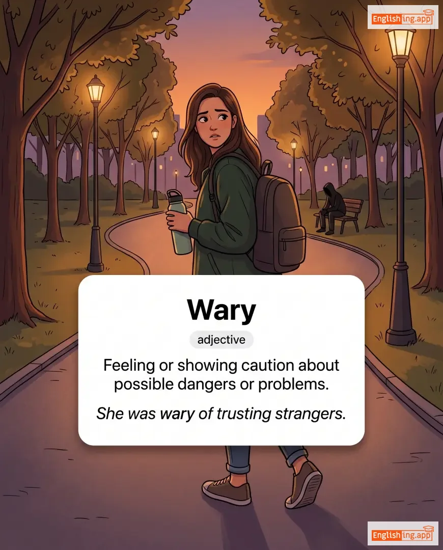 Wary definition card — visual illustration of the meaning