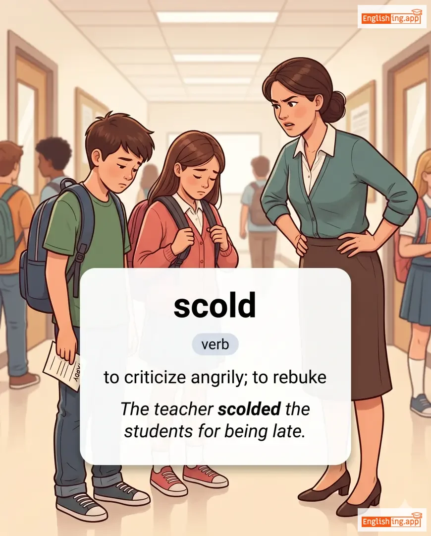 scold definition card — visual illustration of the meaning