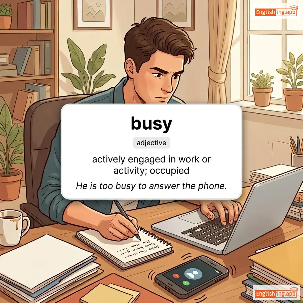 busy definition card — visual illustration of the meaning