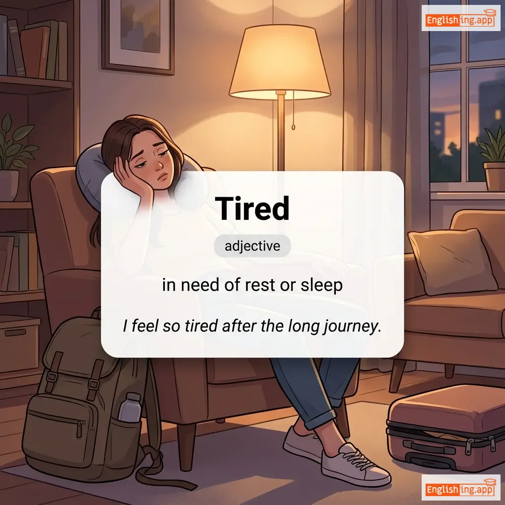 Tired definition card — visual illustration of the meaning