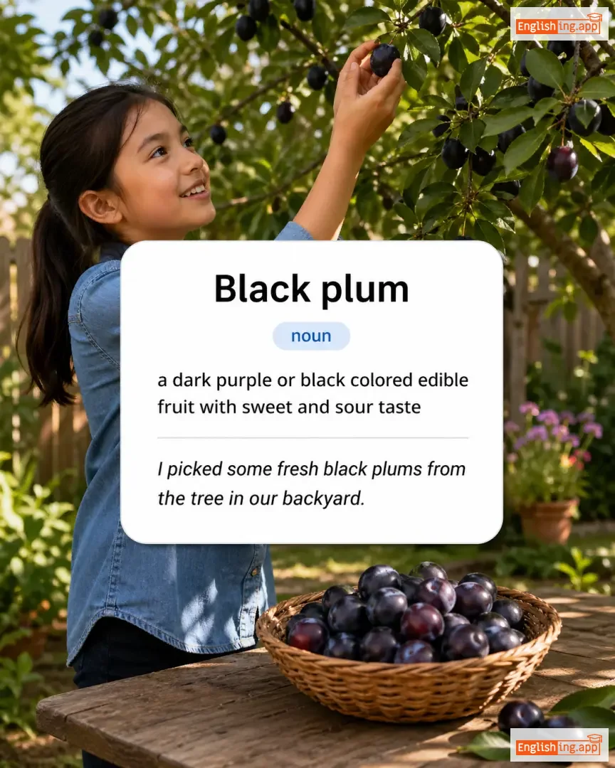 Black plum definition card — visual illustration of the meaning