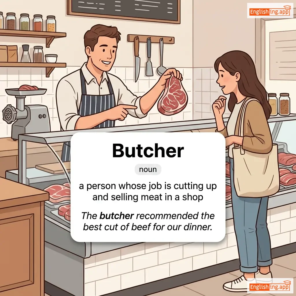 Butcher definition card — visual illustration of the meaning