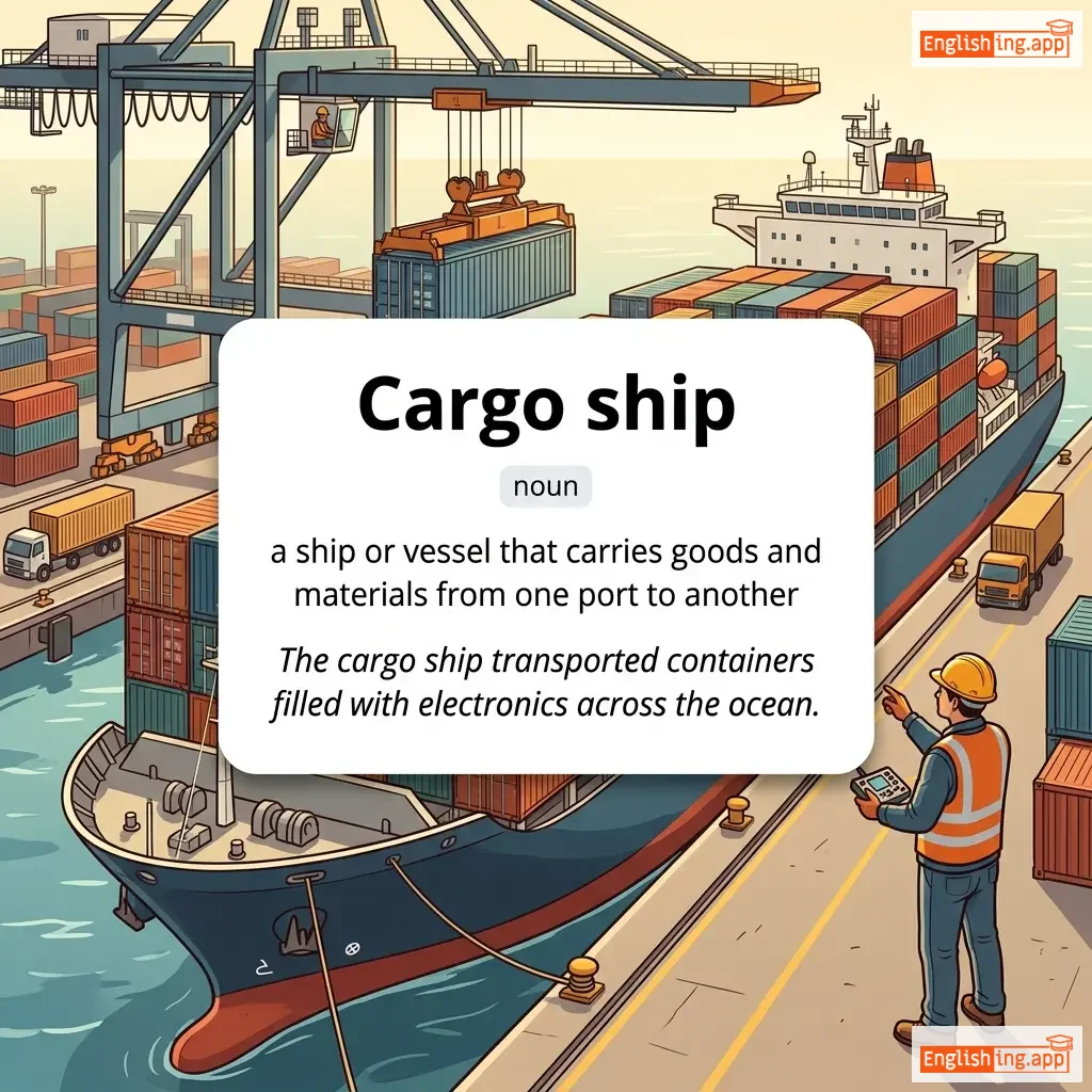 Cargo ship definition card — visual illustration of the meaning