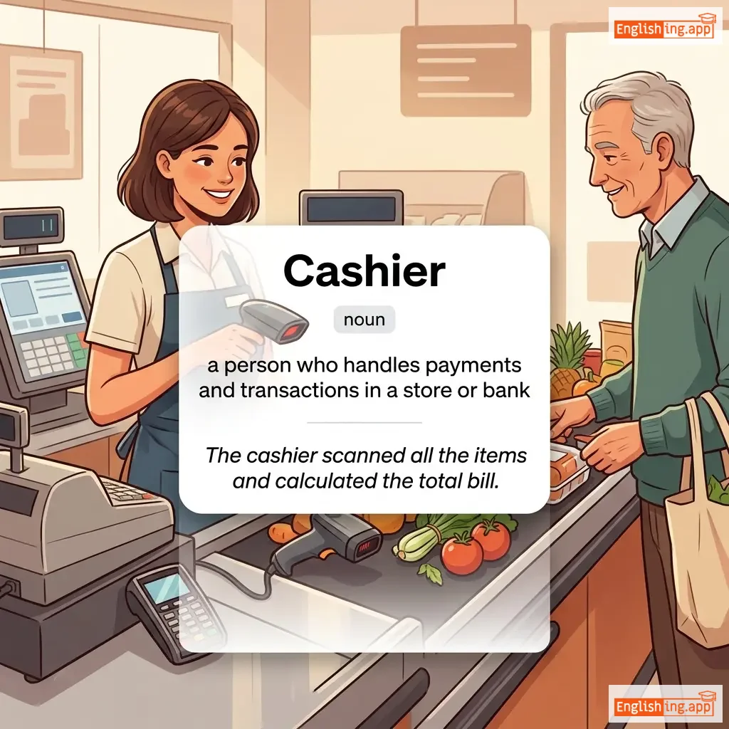 Cashier definition card — visual illustration of the meaning
