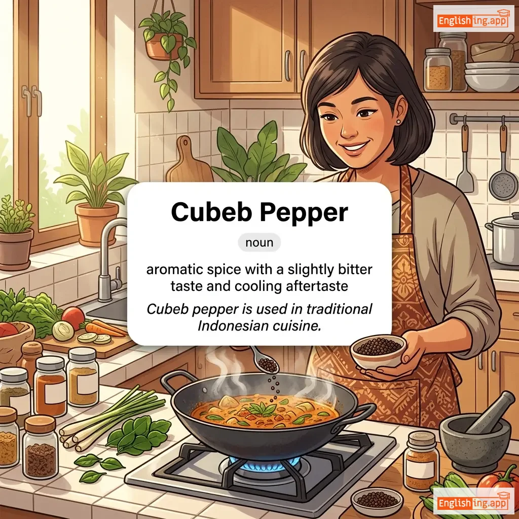 Cubeb Pepper definition card — visual illustration of the meaning
