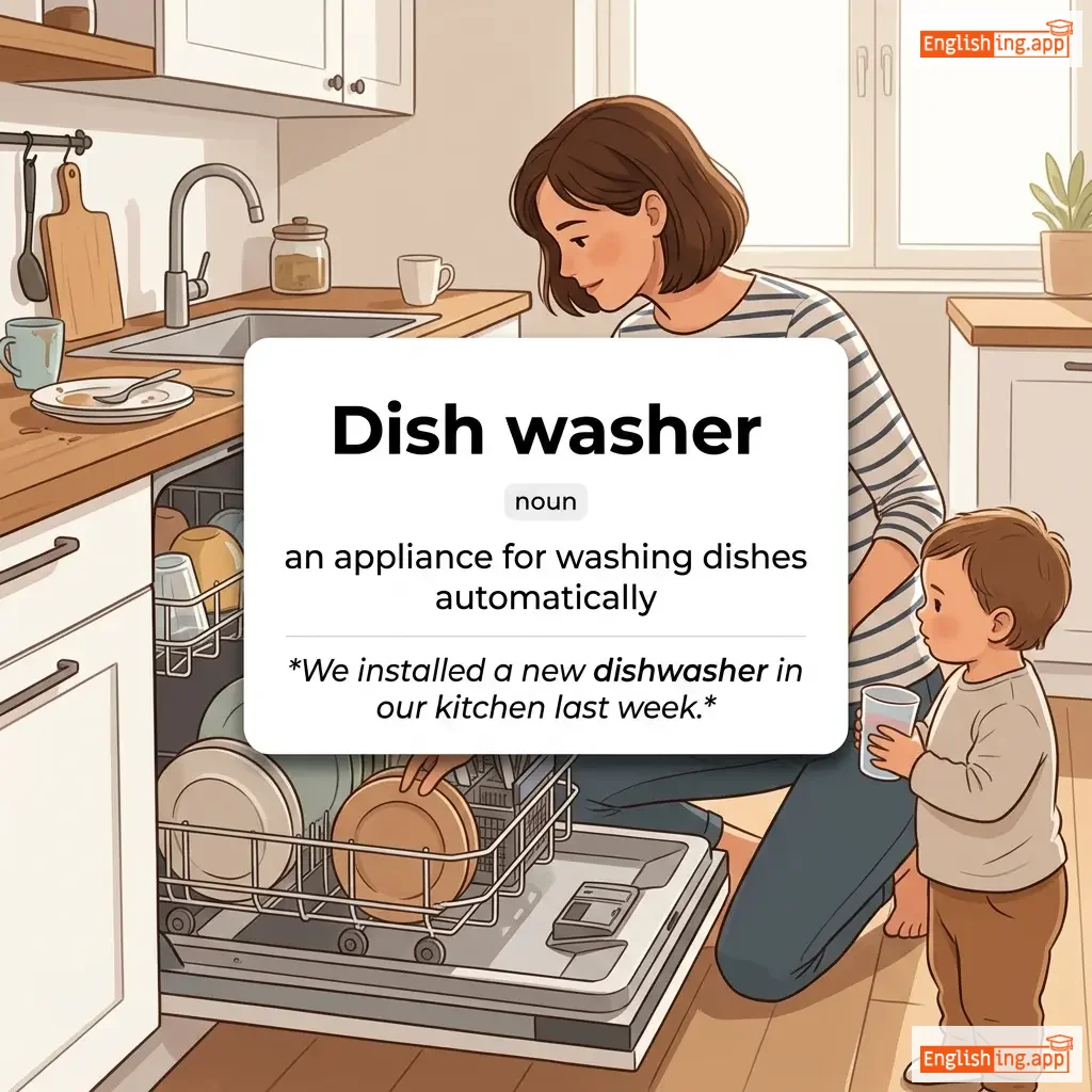 Dish washer definition card — visual illustration of the meaning