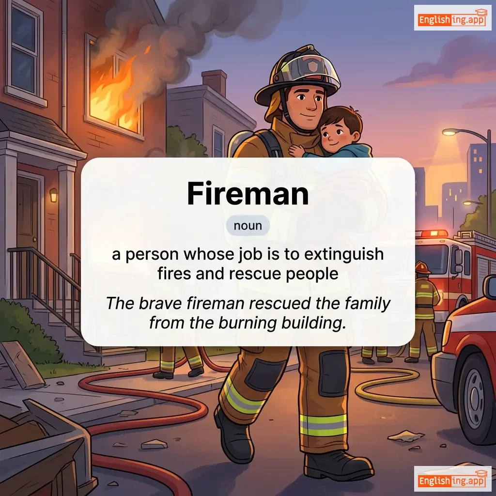 Fireman definition card — visual illustration of the meaning