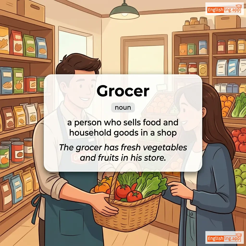 Grocer definition card — visual illustration of the meaning