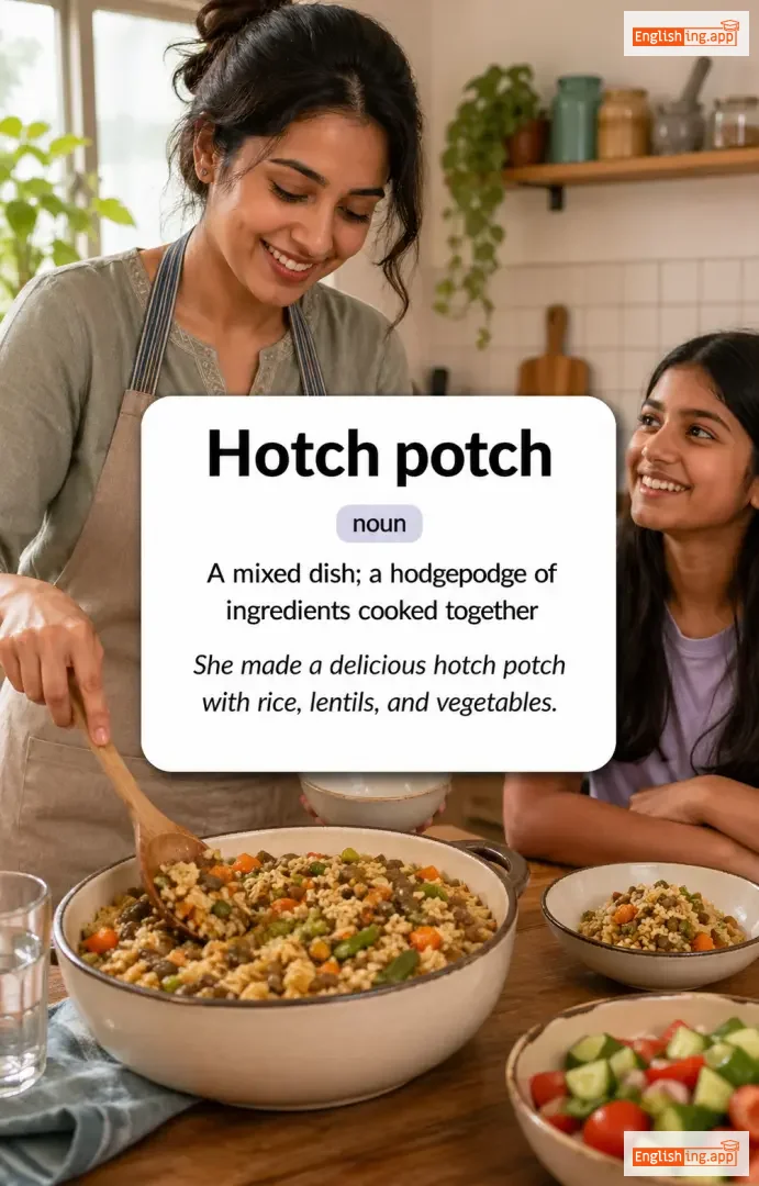 Hotch potch definition card — visual illustration of the meaning