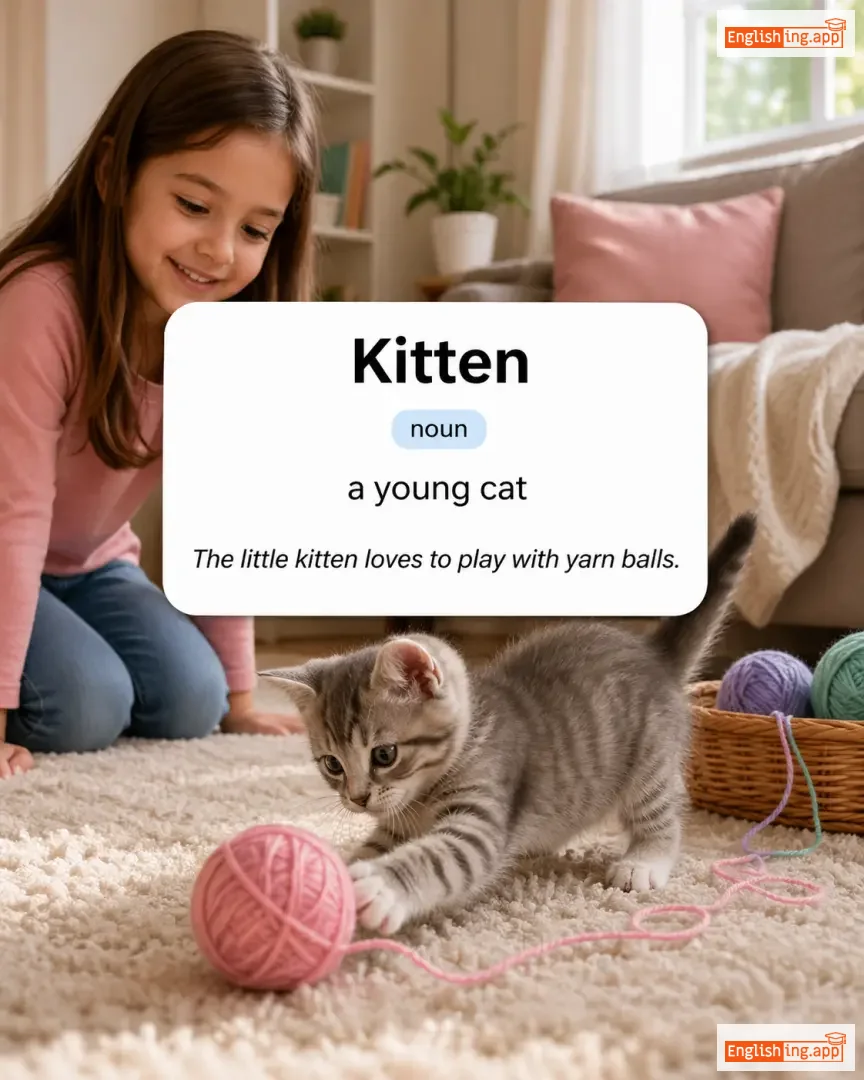 Kitten definition card — visual illustration of the meaning