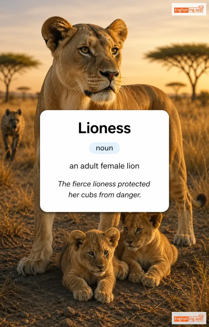 Lioness definition card — visual illustration of the meaning