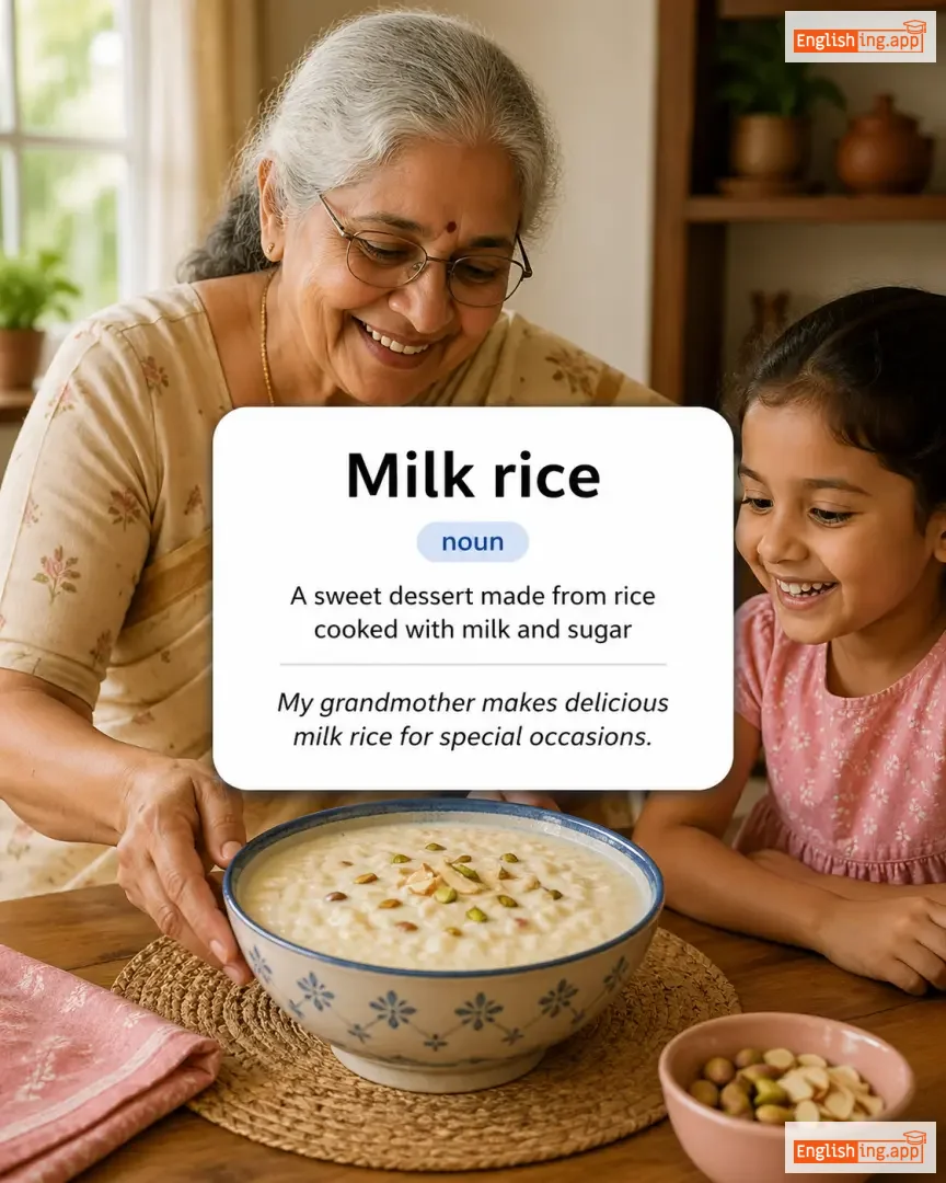 Milk rice definition card — visual illustration of the meaning
