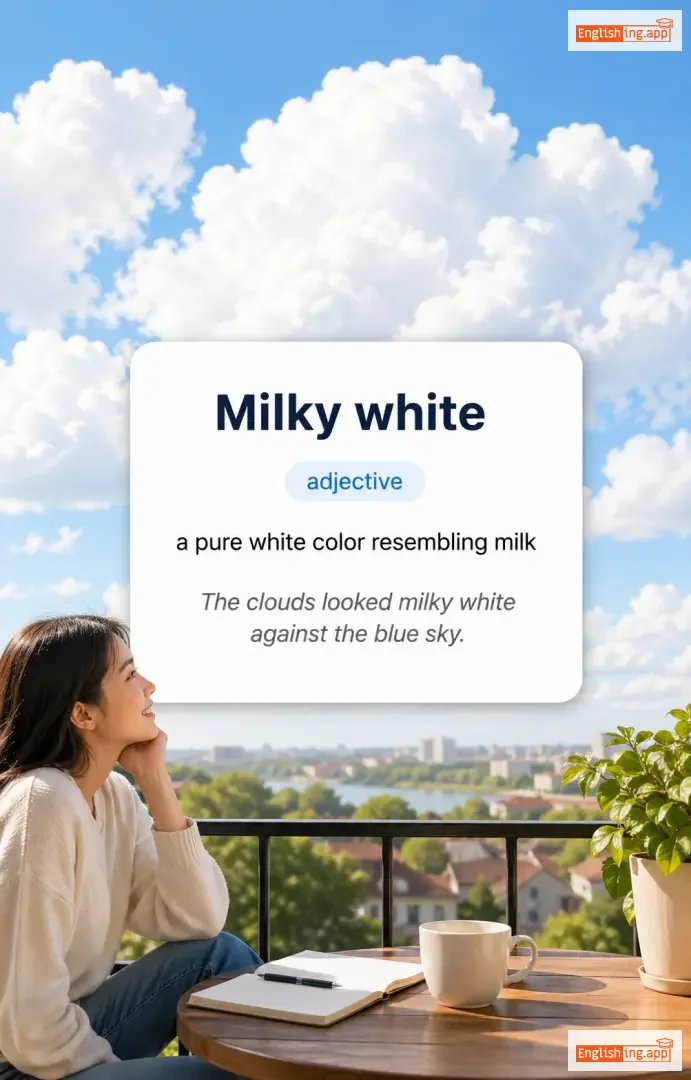 Milky white definition card — visual illustration of the meaning