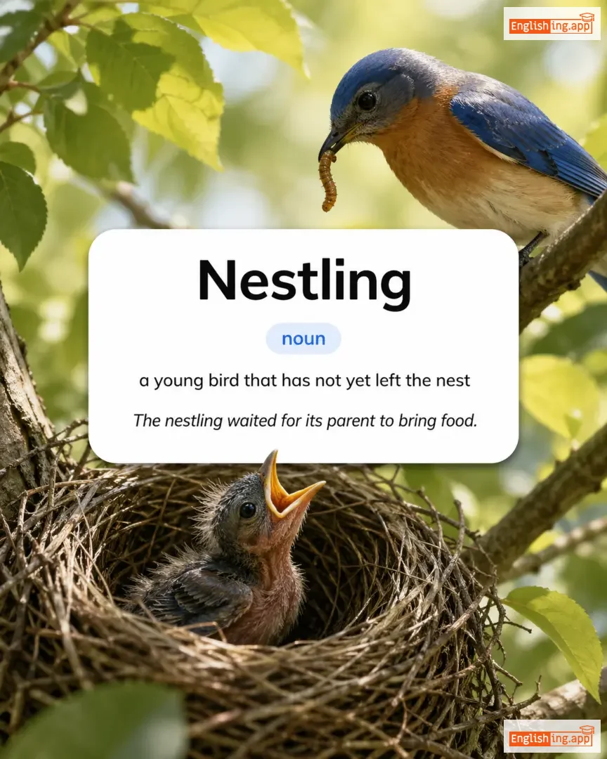 Nestling definition card — visual illustration of the meaning