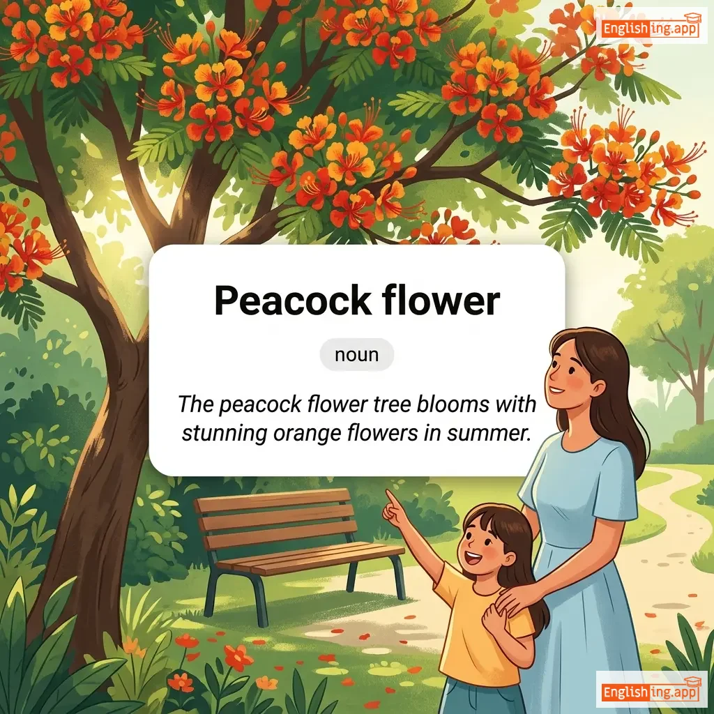 Peacock flower definition card — visual illustration of the meaning
