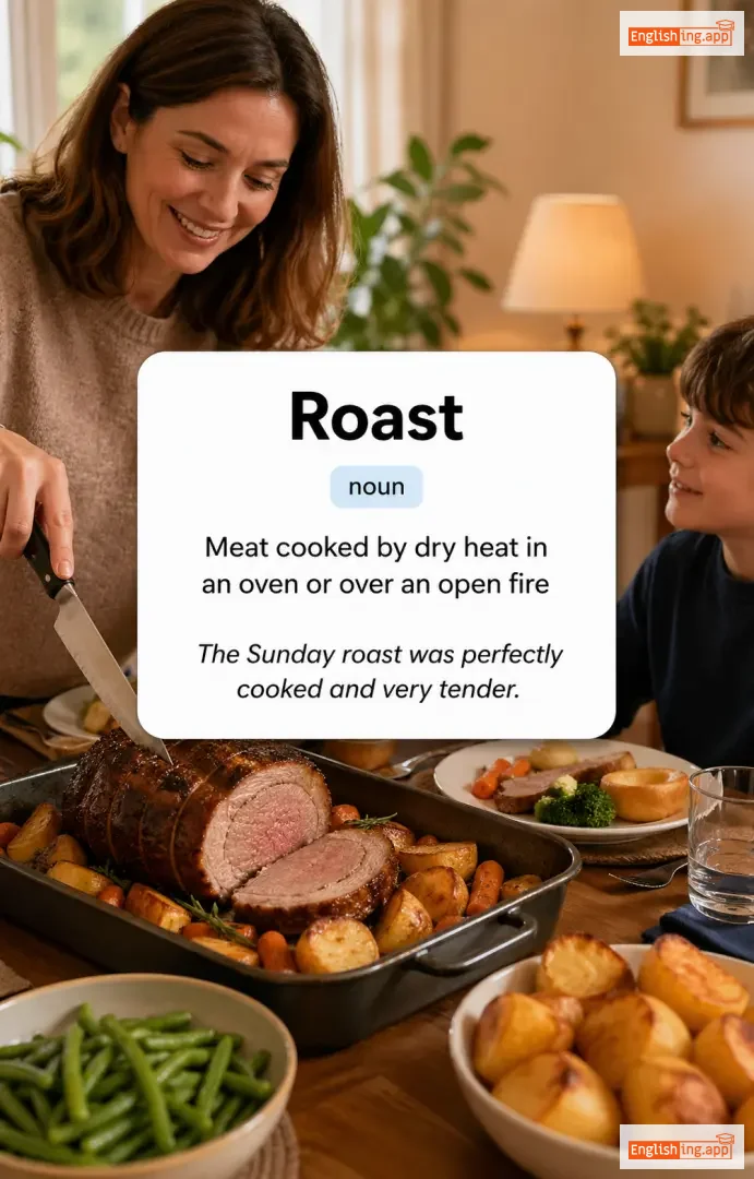 Roast definition card — visual illustration of the meaning