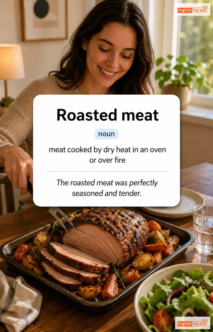 Roasted meat definition card — visual illustration of the meaning