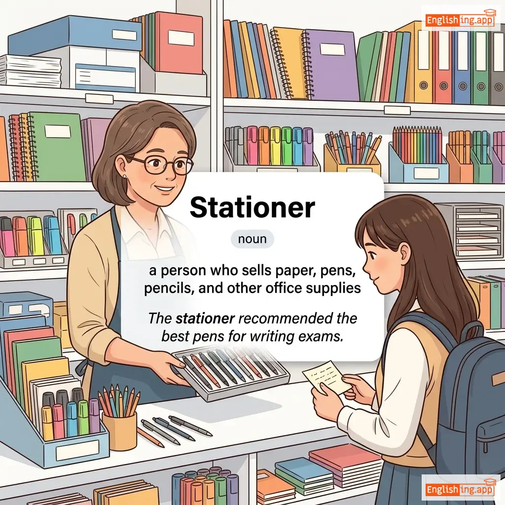 Stationer definition card — visual illustration of the meaning