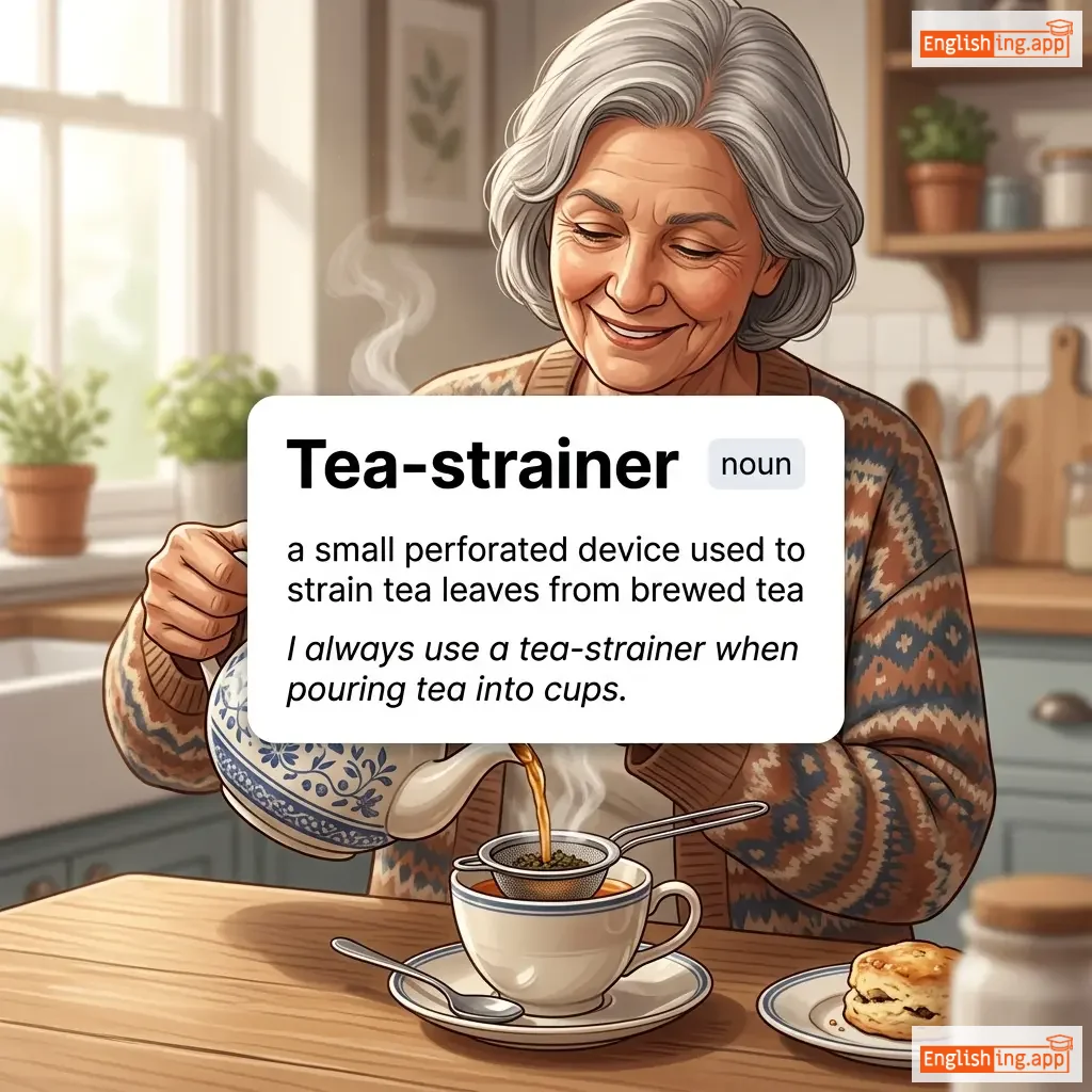 Tea-strainer definition card — visual illustration of the meaning