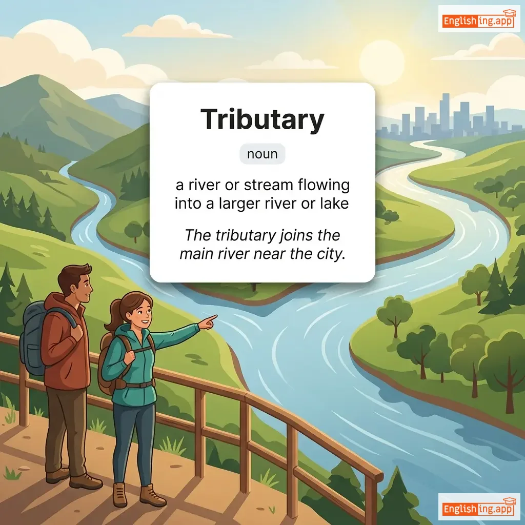 Tributary definition card — visual illustration of the meaning