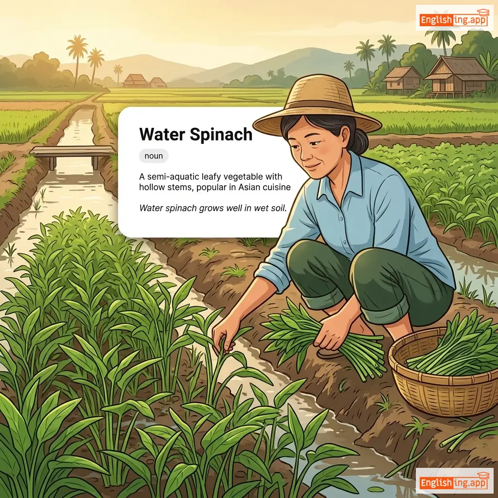 Water Spinach definition card — visual illustration of the meaning