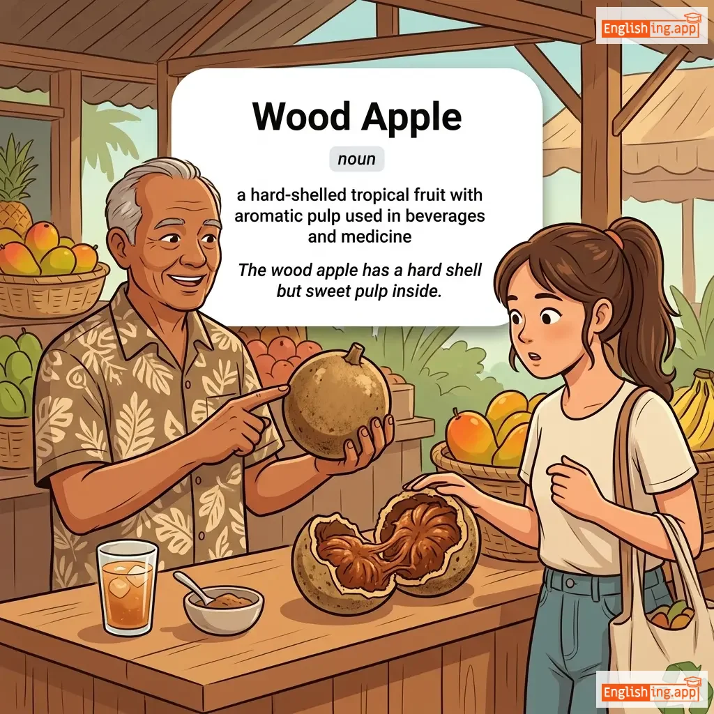 Wood Apple definition card — visual illustration of the meaning