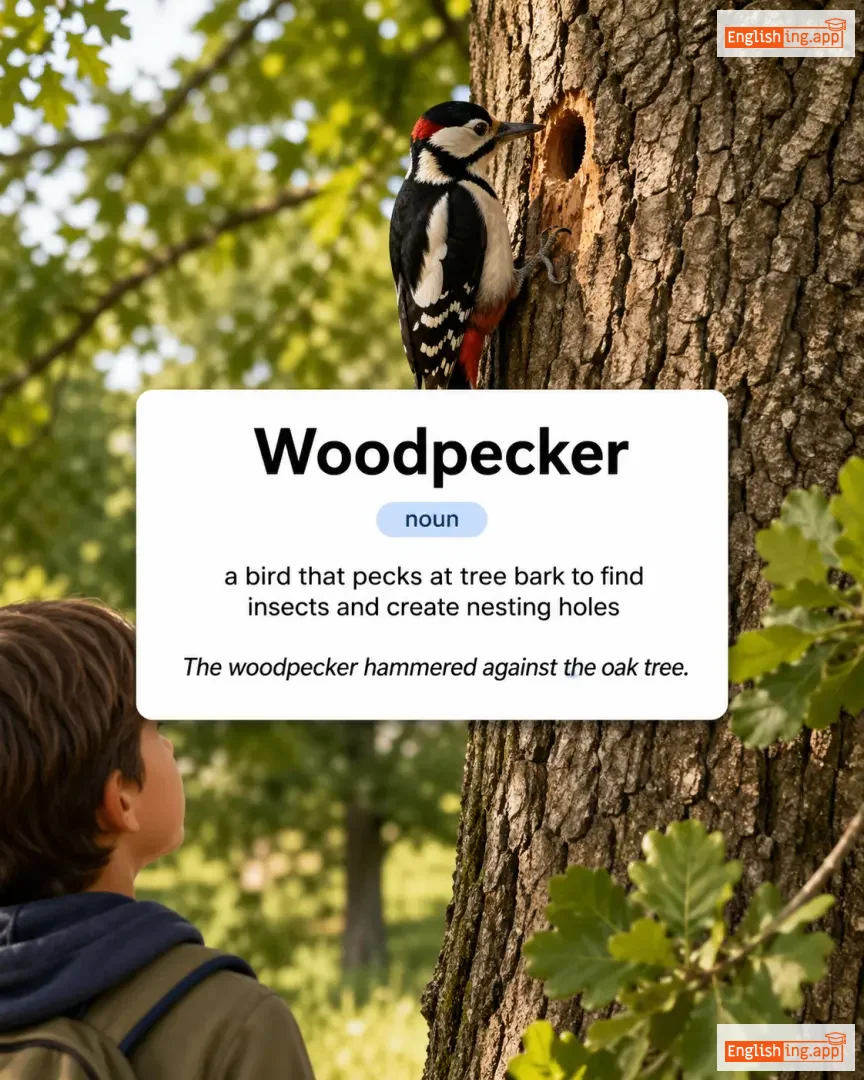 Woodpecker definition card — visual illustration of the meaning