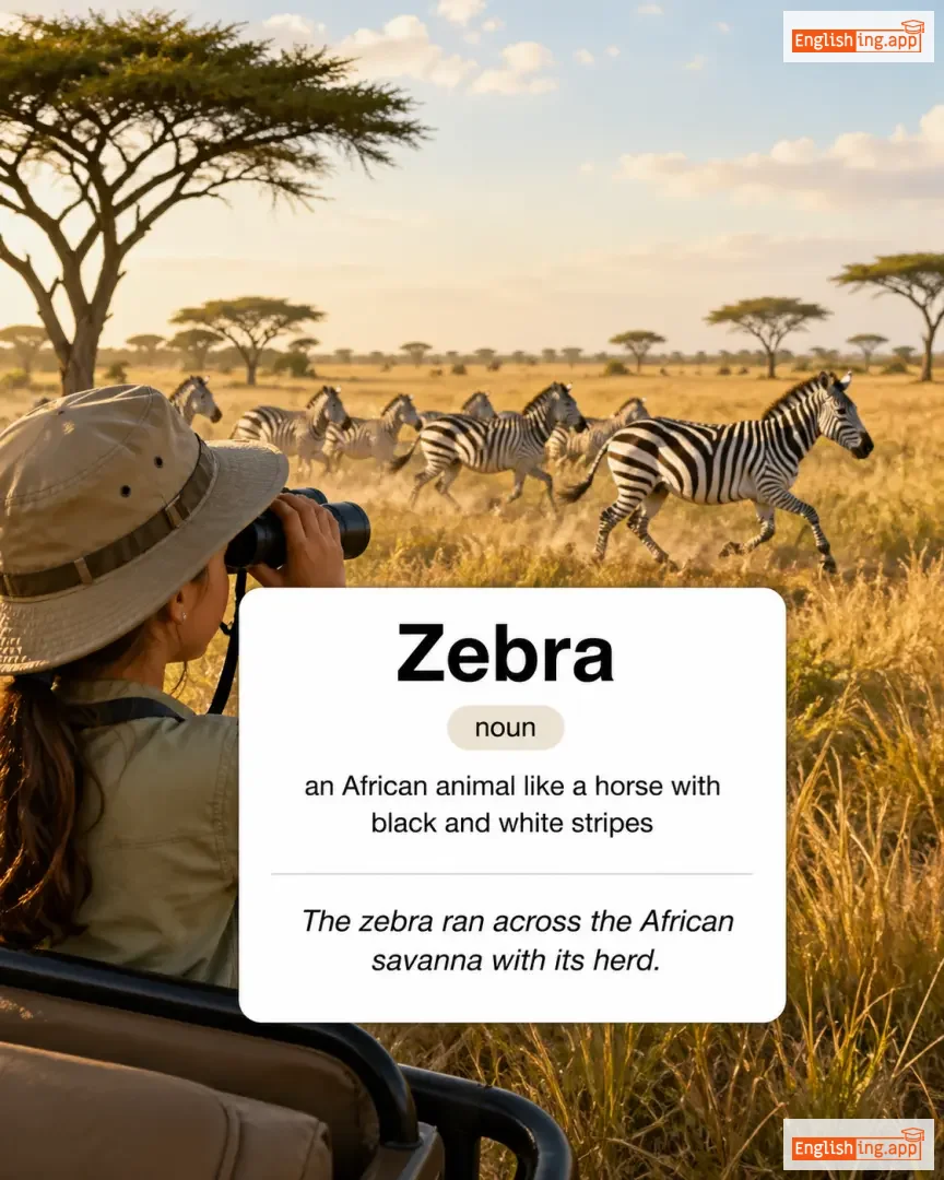Zebra definition card — visual illustration of the meaning