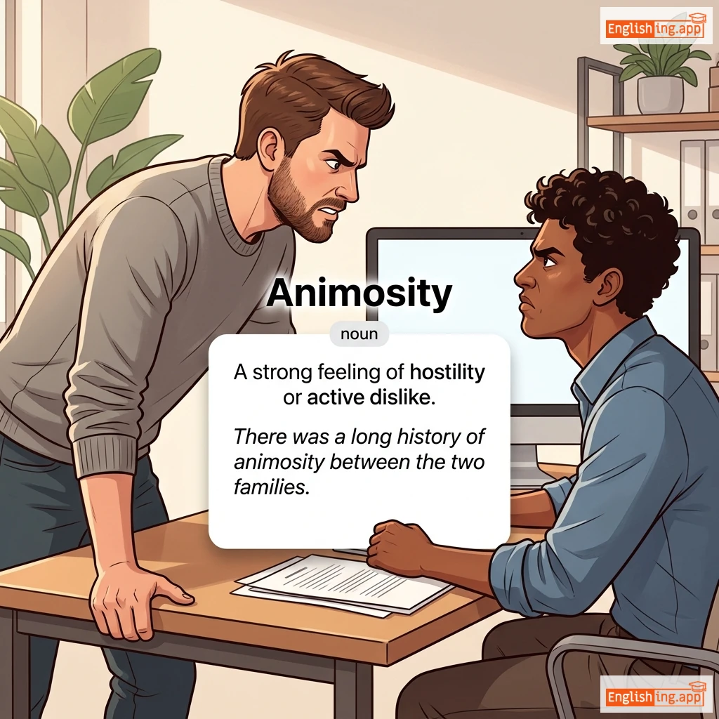Animosity definition card — visual illustration of the meaning