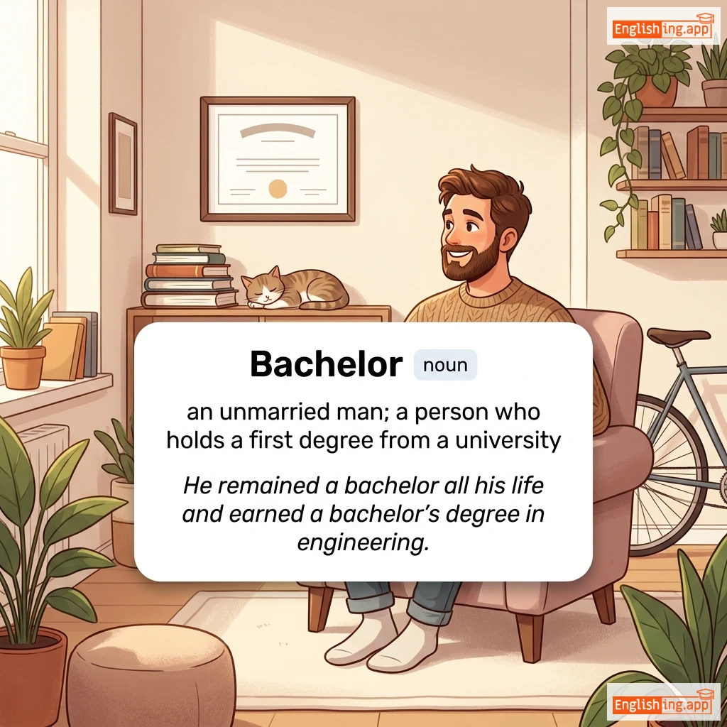 Bachelor definition card — visual illustration of the meaning