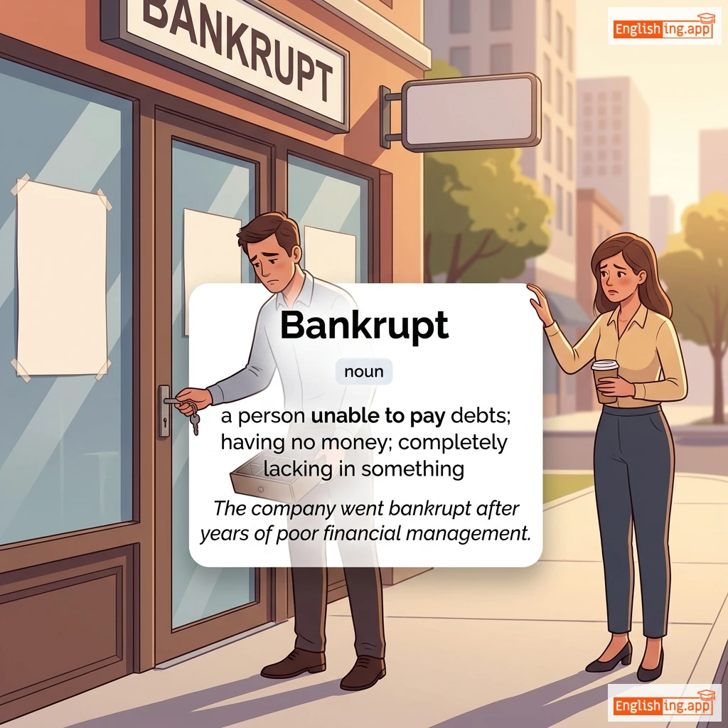 Bankrupt definition card — visual illustration of the meaning
