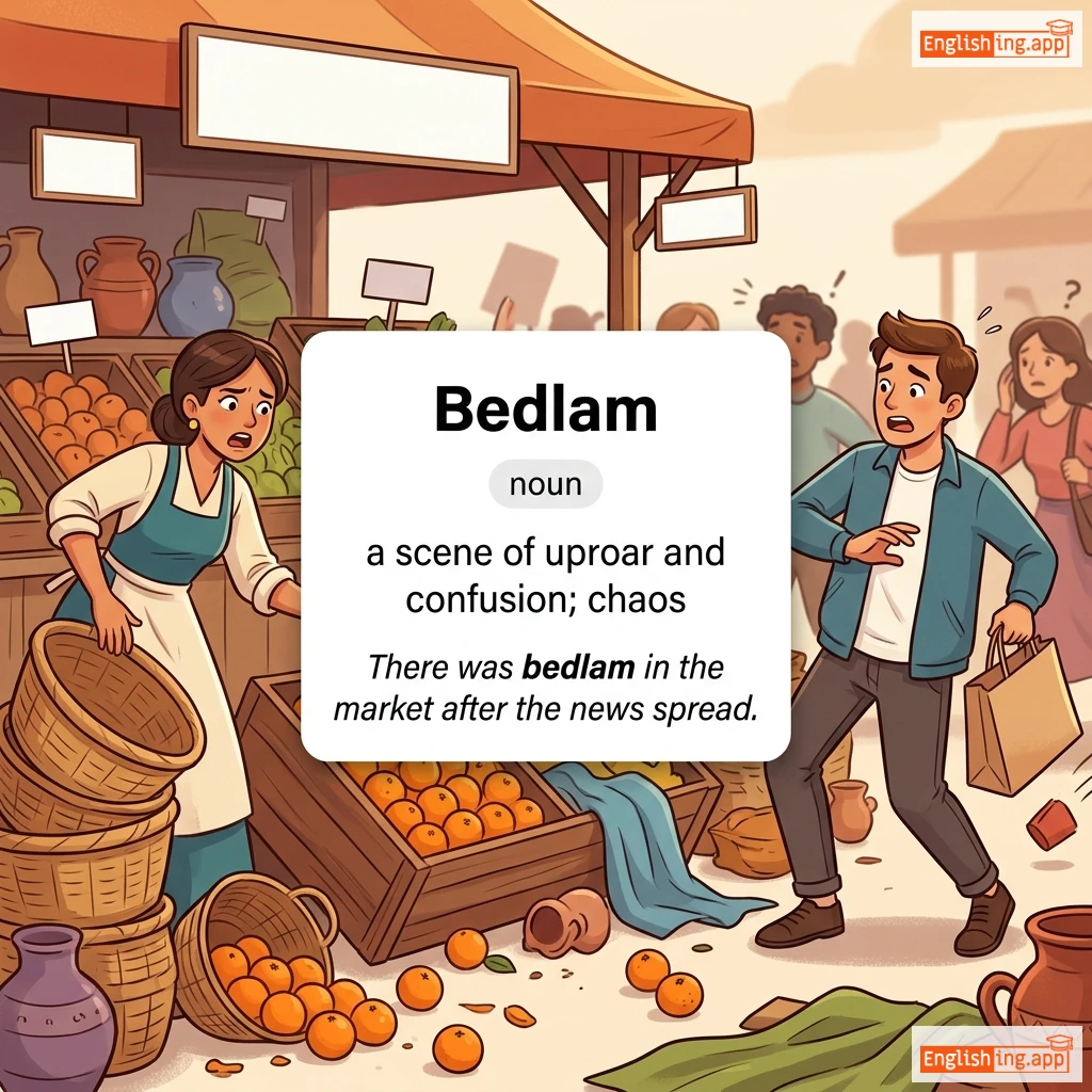 Bedlam definition card — visual illustration of the meaning