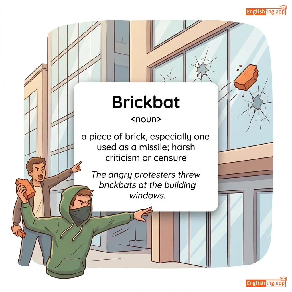 Brickbat definition card — visual illustration of the meaning