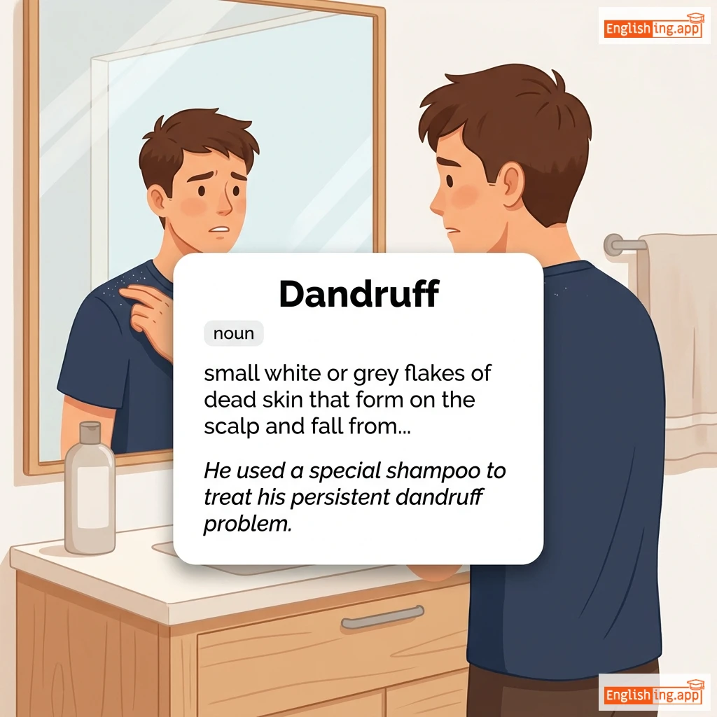 Dandruff definition card — visual illustration of the meaning
