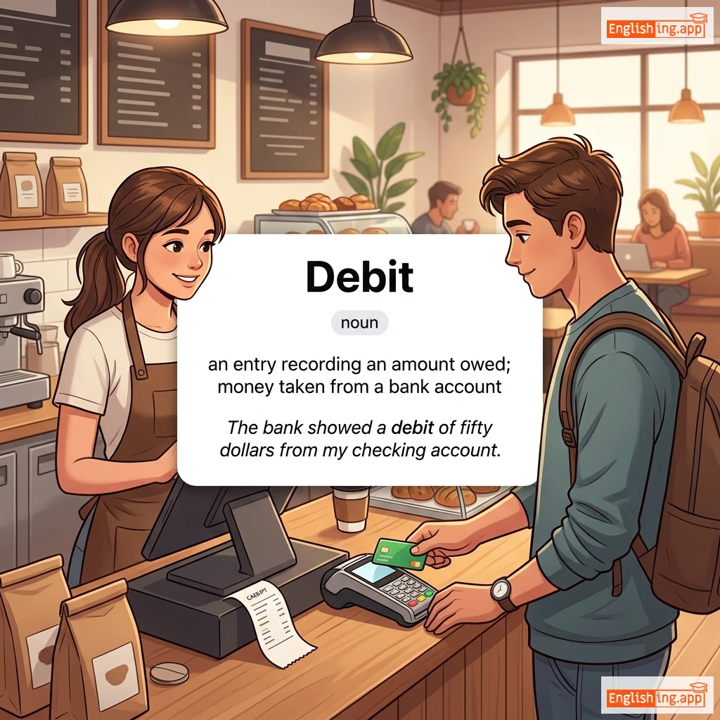 Debit definition card — visual illustration of the meaning