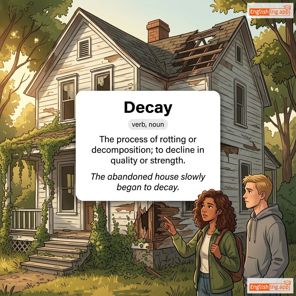 Decay definition card — visual illustration of the meaning