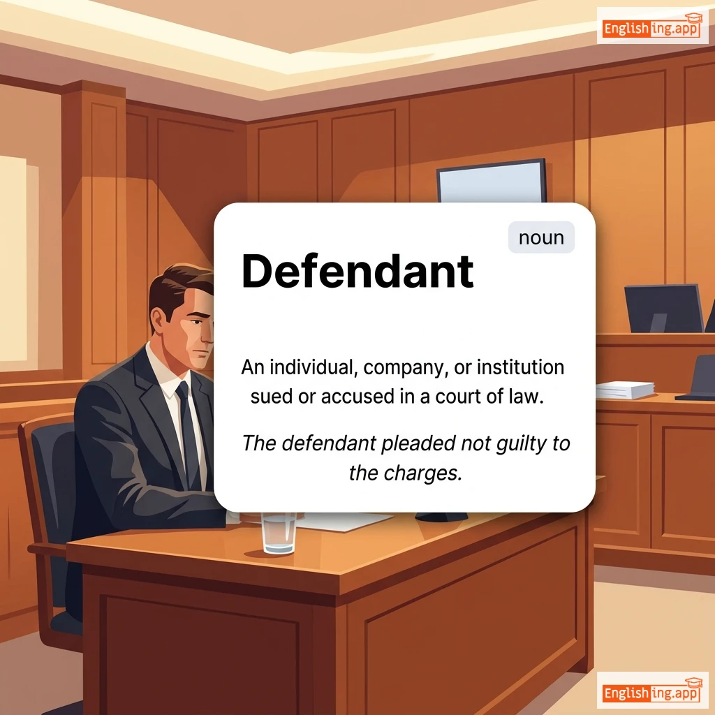 Defendant definition card — visual illustration of the meaning