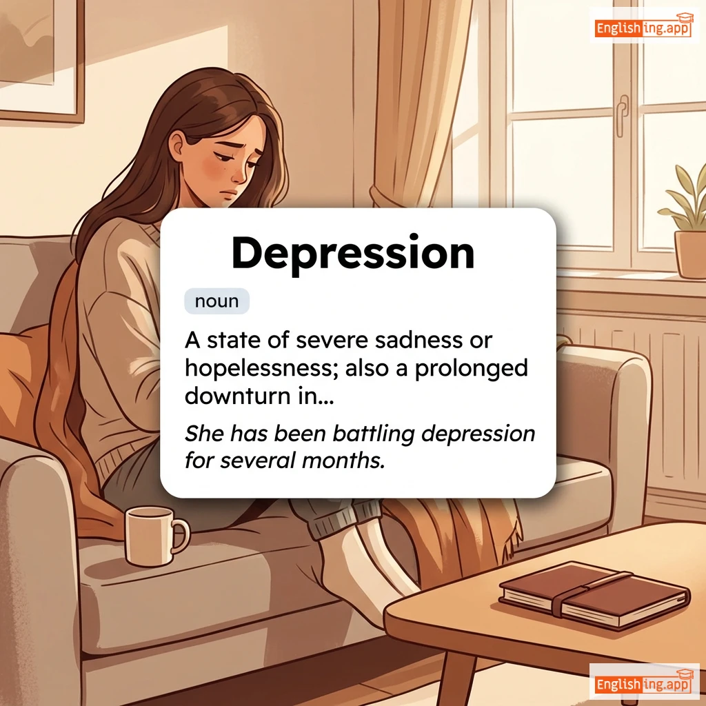 Depression definition card — visual illustration of the meaning