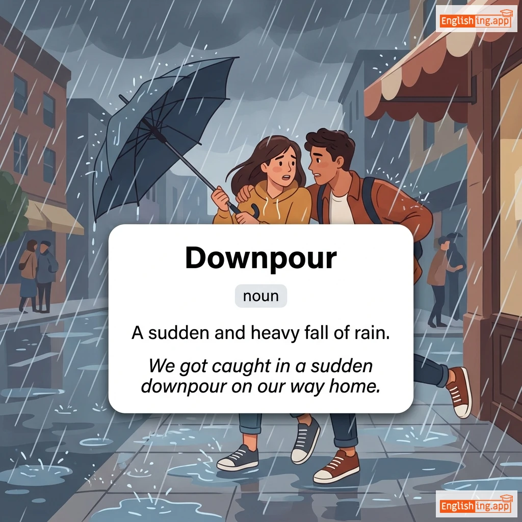 Downpour definition card — visual illustration of the meaning