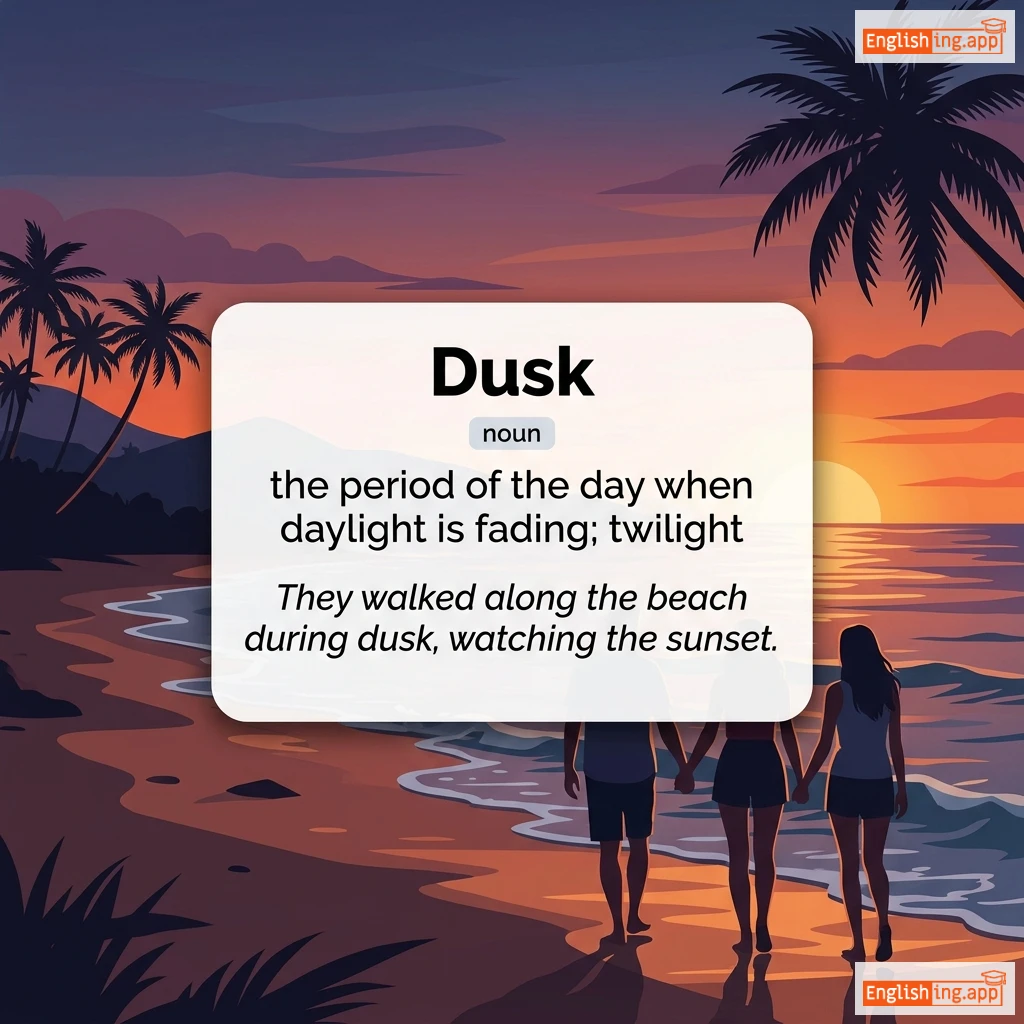 Dusk definition card — visual illustration of the meaning