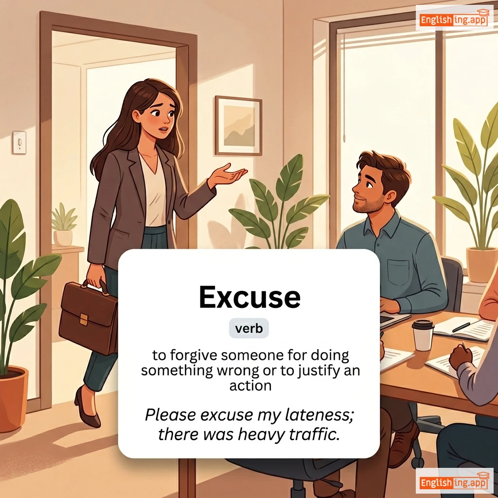 Excuse definition card — visual illustration of the meaning