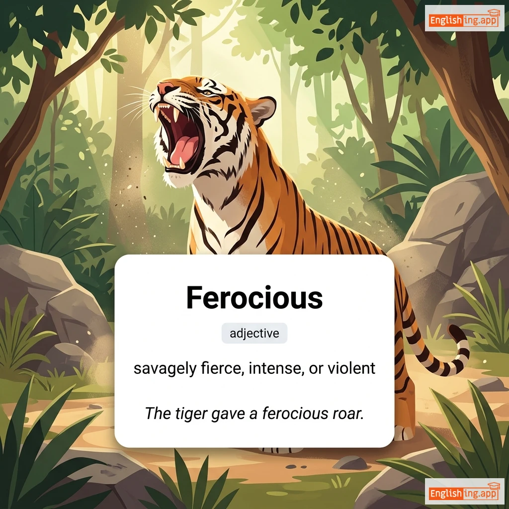 Ferocious definition card — visual illustration of the meaning