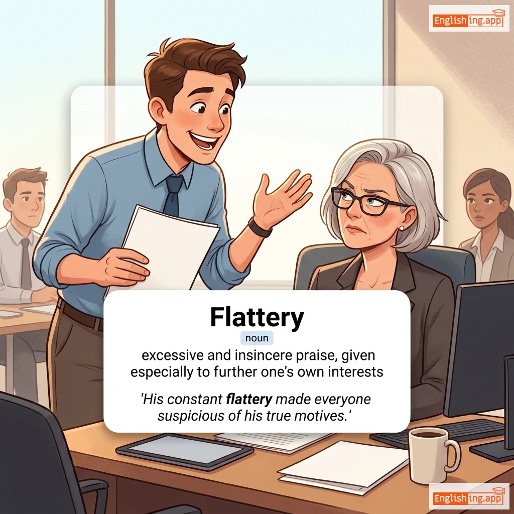 Flattery definition card — visual illustration of the meaning