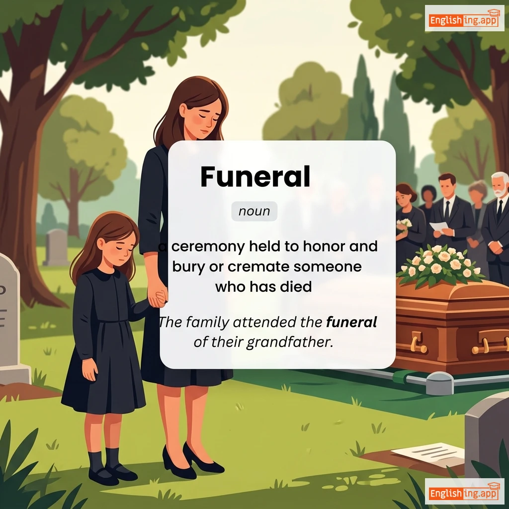 Funeral definition card — visual illustration of the meaning