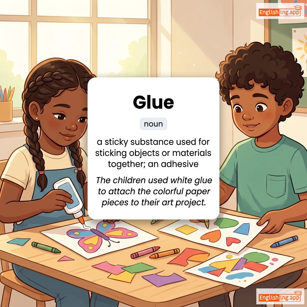 Glue definition card — visual illustration of the meaning