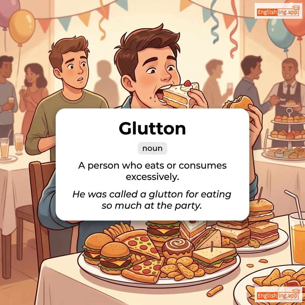 Glutton definition card — visual illustration of the meaning