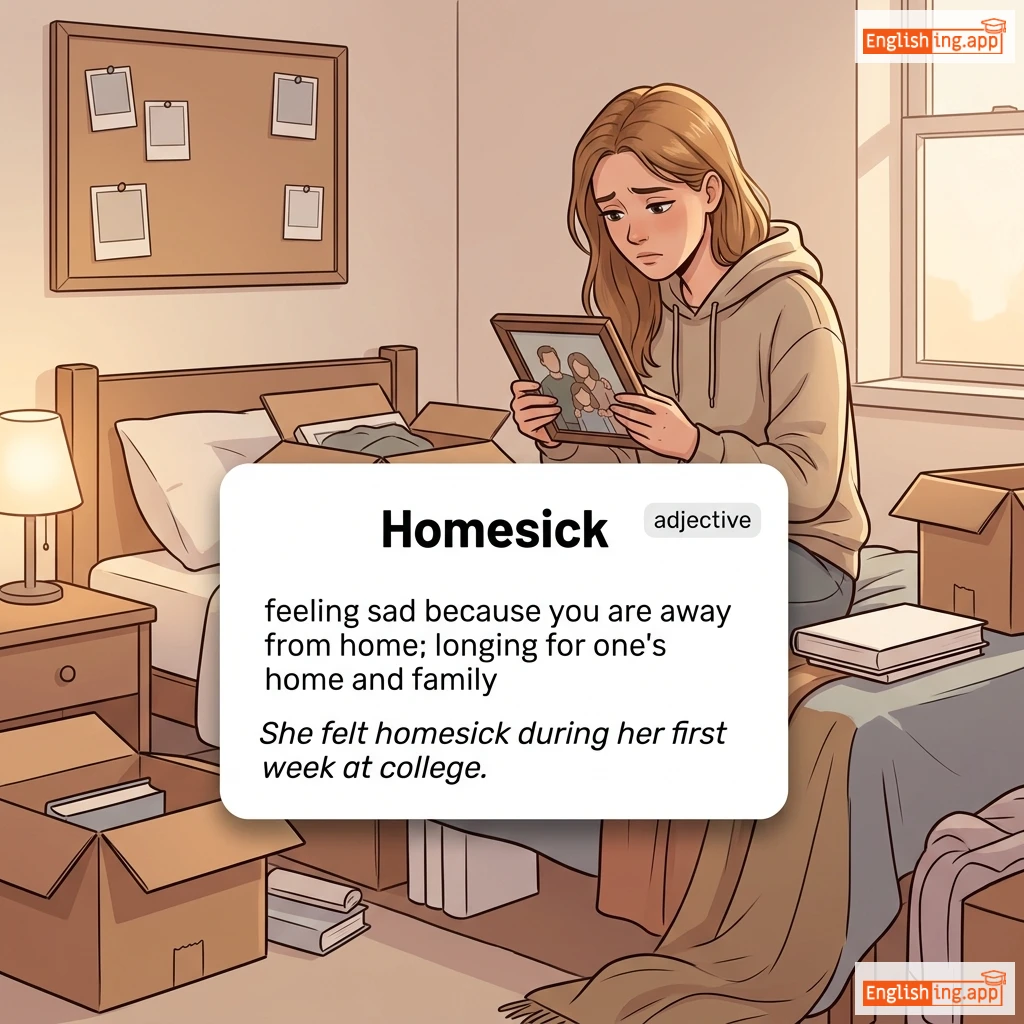 Homesick definition card — visual illustration of the meaning