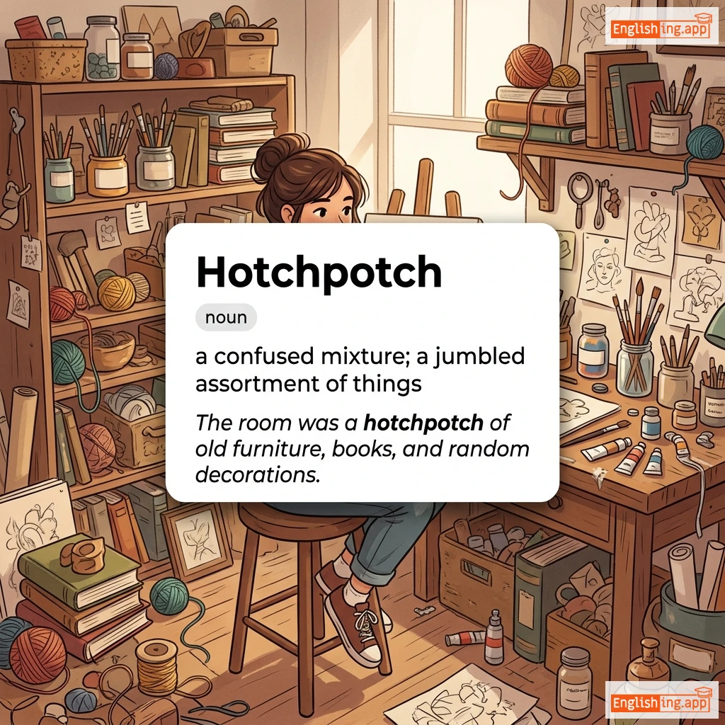 Hotchpotch definition card — visual illustration of the meaning